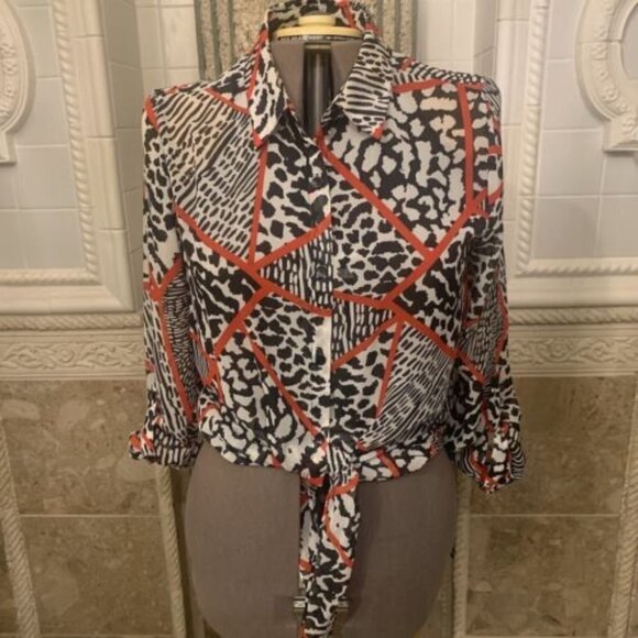 Zac & Rachel. Sz Large. Tie Front. Button Up. Roll Tab Cuff. Chiffon. B85. - Picture 1 of 5